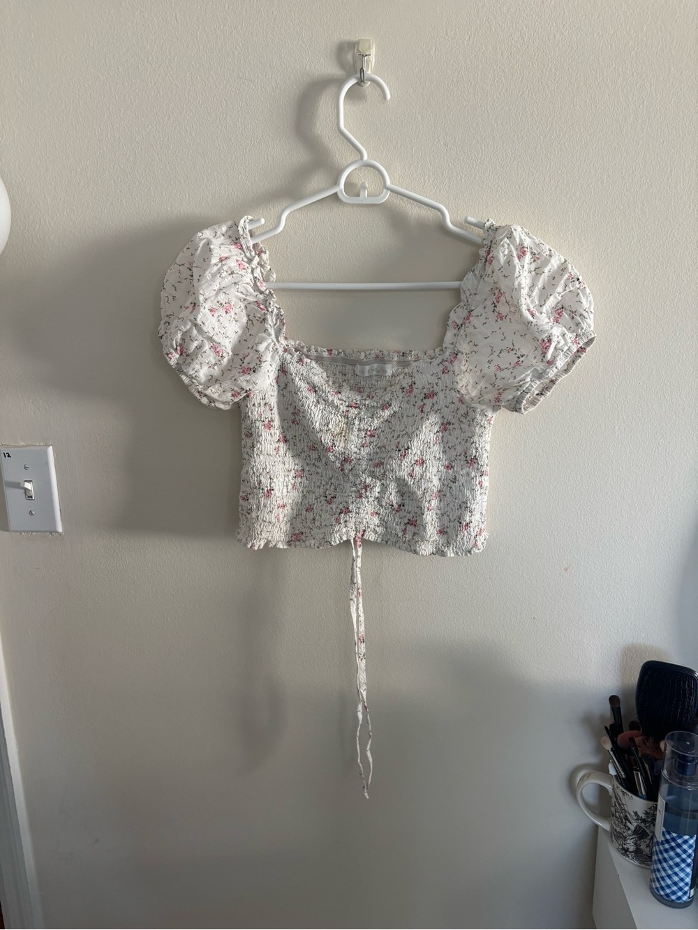 Smocked Puff-Sleeve Crop Top - White with Pink Floral